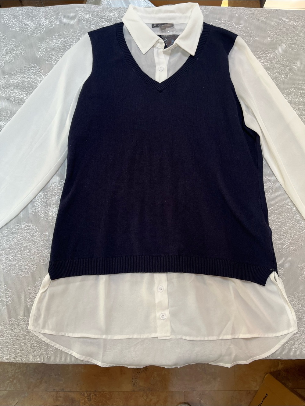 Adrianna Papell Navy and White Layered Shirt Dress